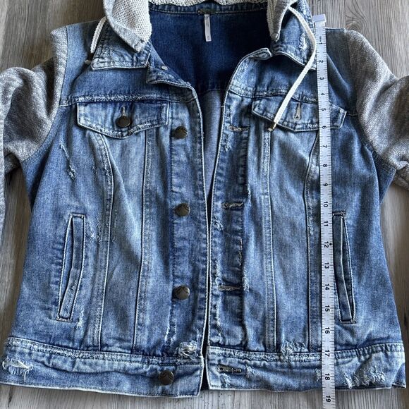 Free People Denim Distressed Hooded Jean /Knit Jacket Women's Size Medium - Picture 8 of 12